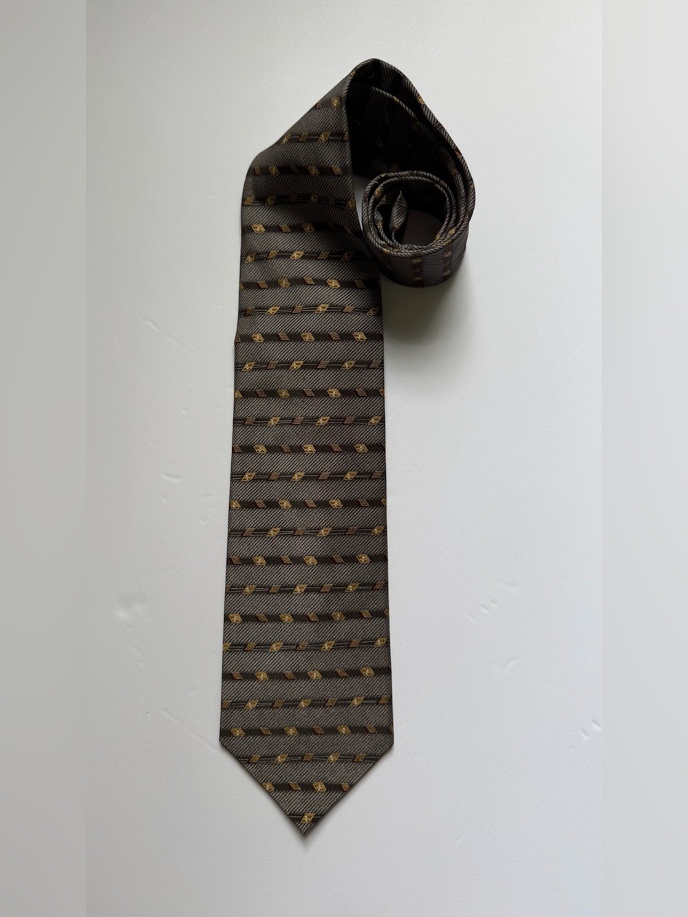 Polifoni Milano Italian Silk Tie Gray Gold Geometric Pattern Made in Italy